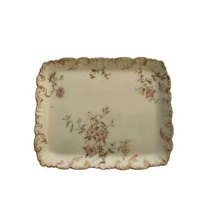 Antique French Porcelain Floral Tray Scalloped Gold Gilt‎ Trinket Dish France